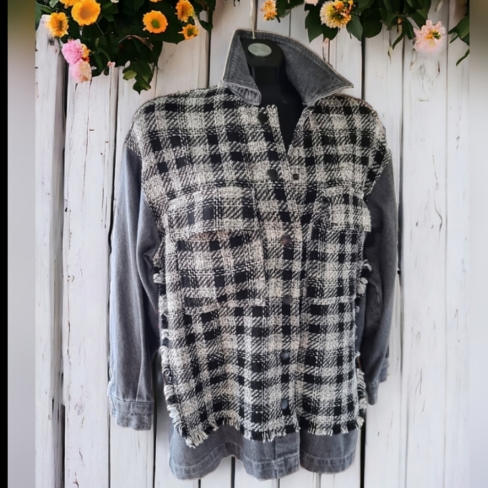 ZARA Boho Shirt Jacket Contrasting Denim Fringed Tweed Plaid Snap Front Oversize
